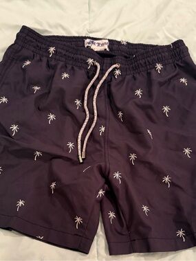 Tavik Men's Dark Navy Swim Trunks with White Palm Print